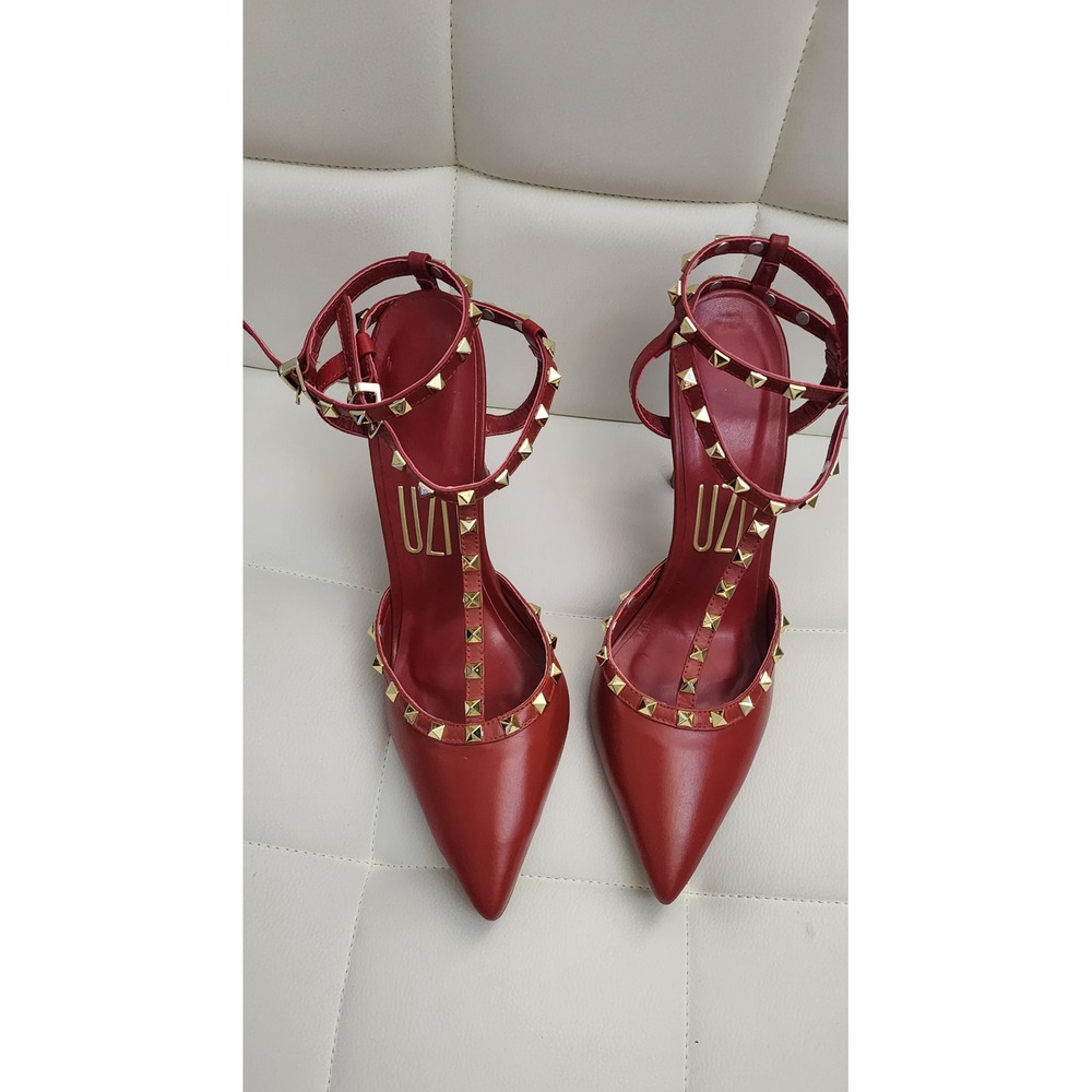 UZA Red Leather Rockstud T-Strap Pointed Toe Stiletto Heels Gold Studs‎